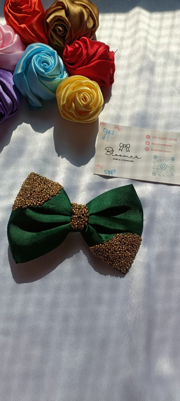 Traditional Green satin bow with golden beads
