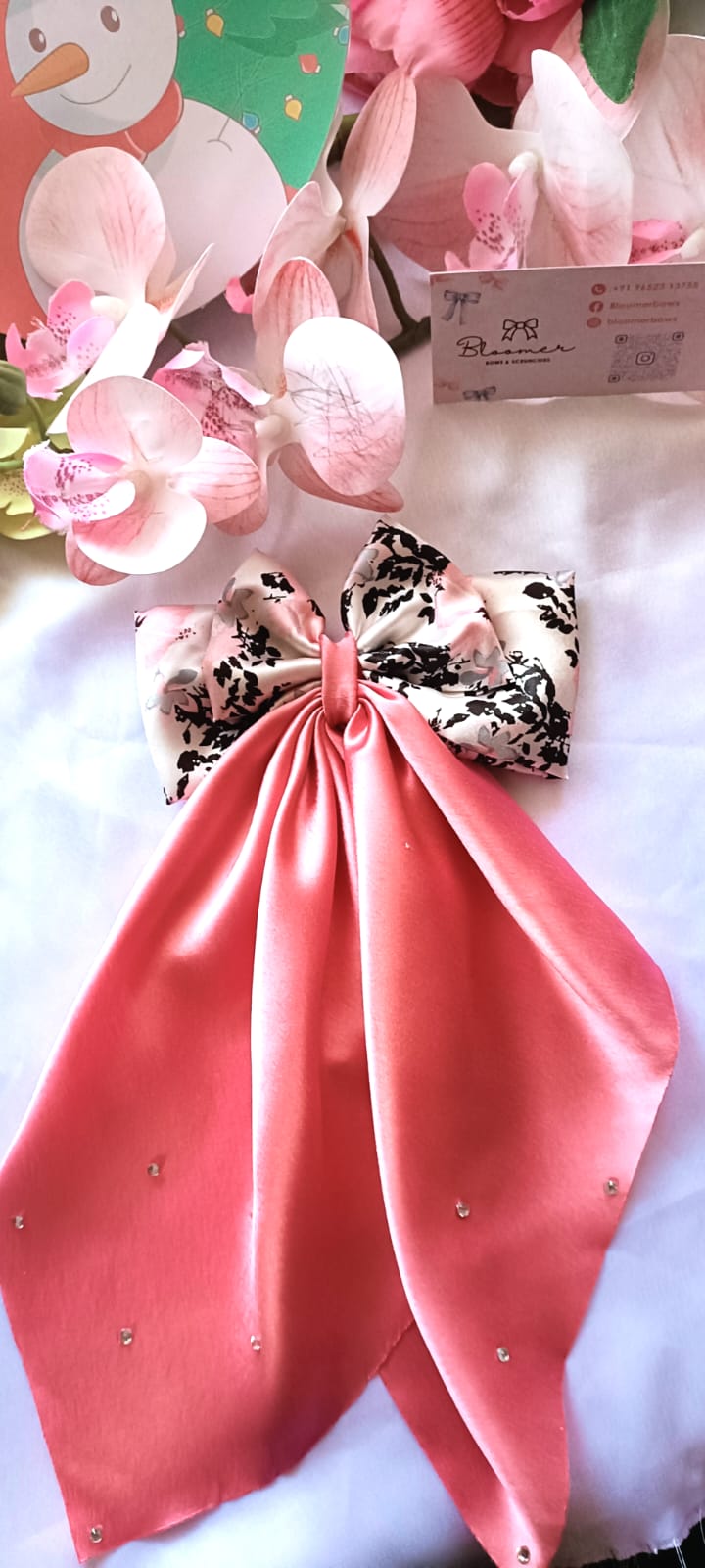 Pink combo print french long tail bow
