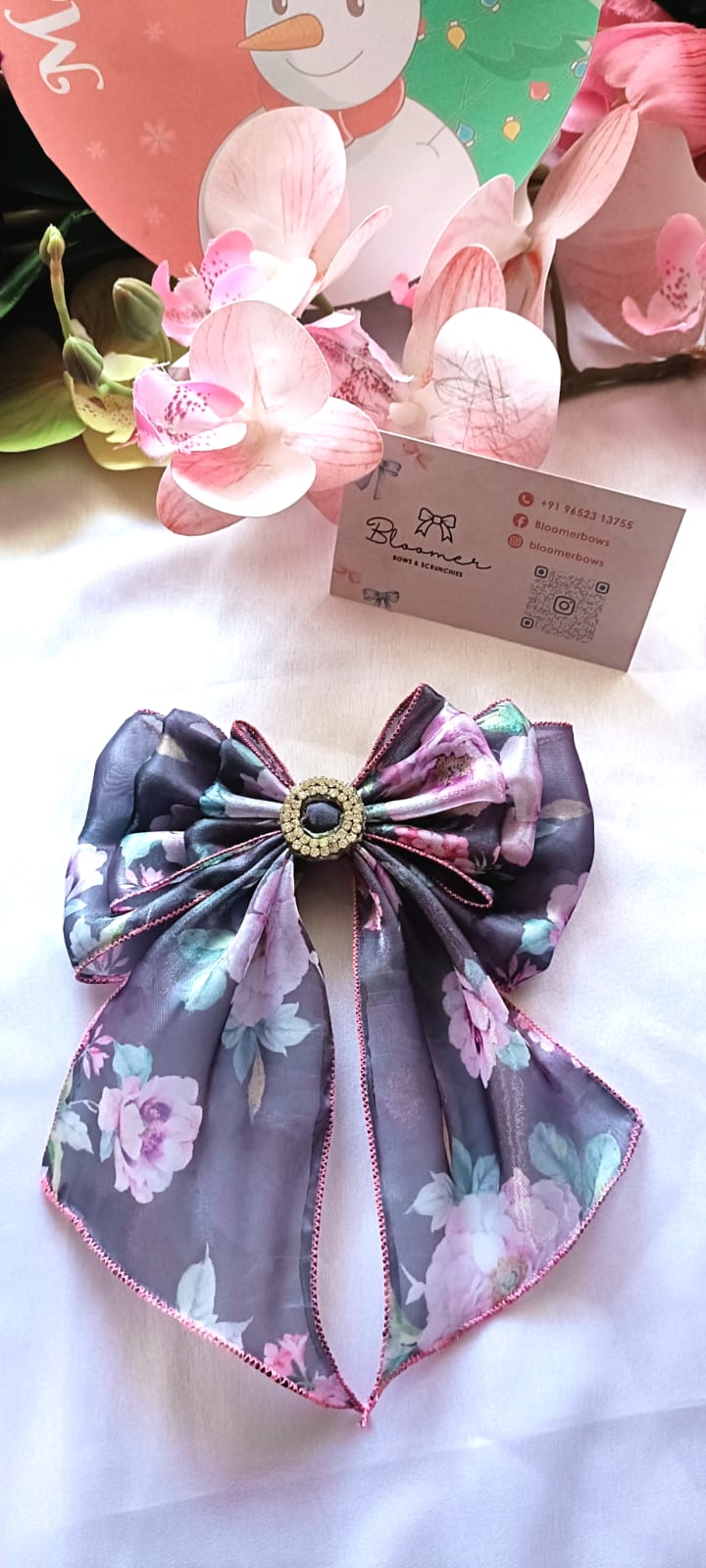 Grey floral 3 layer organza ribbon bow
