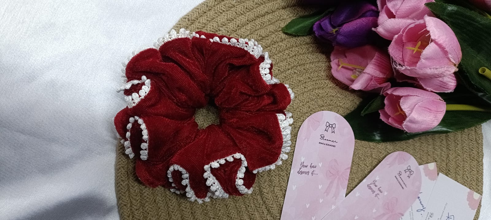Red velvet lace scrunchy