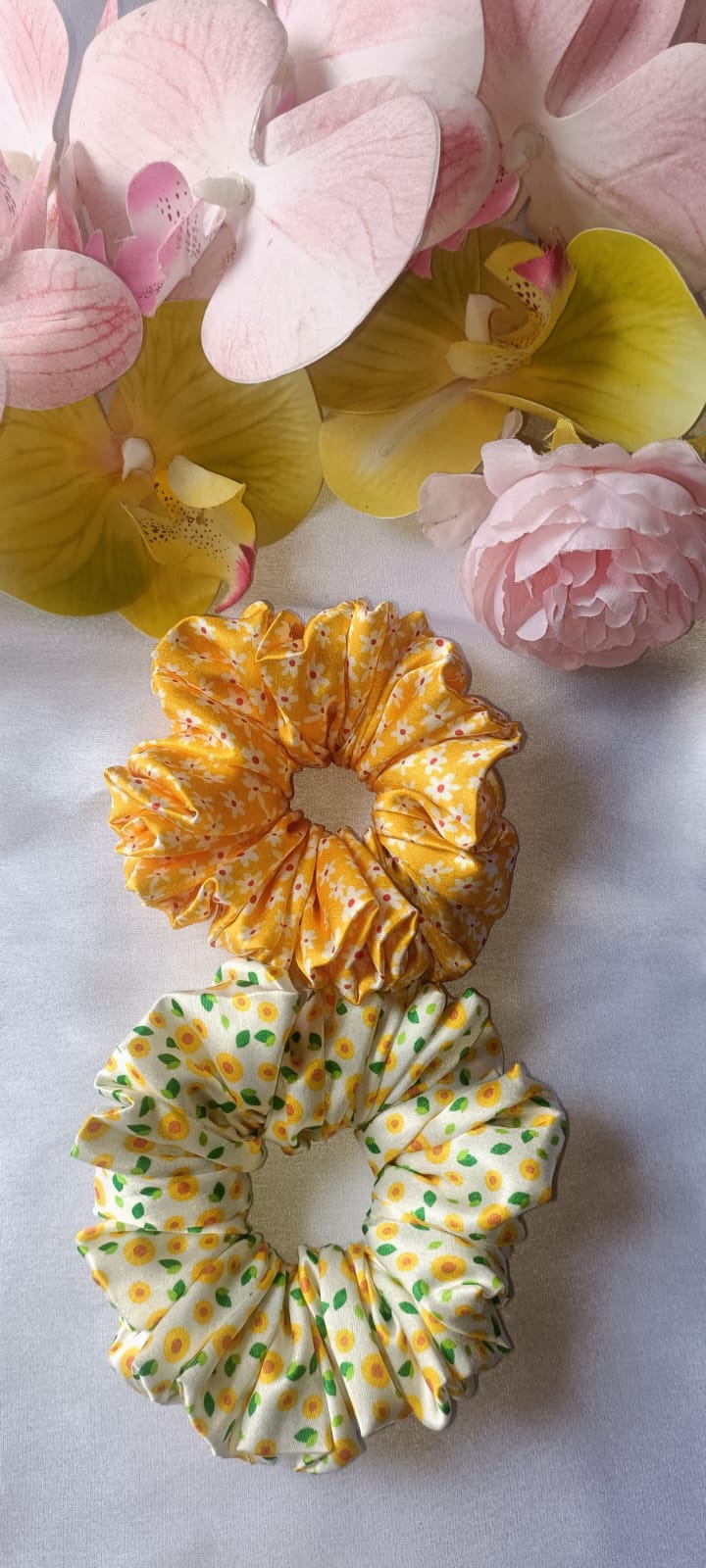 Floral printed yellow scrunchie