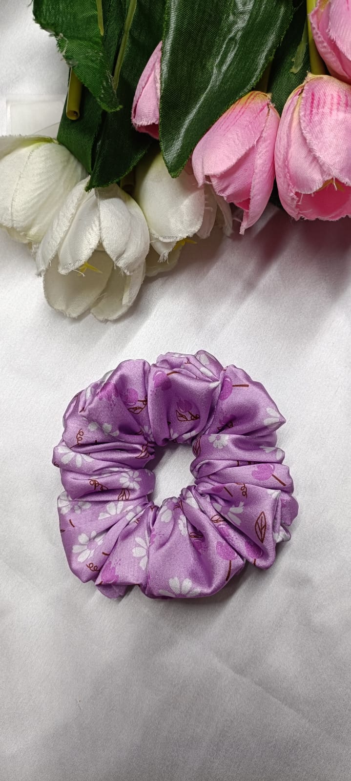 lavender floral printed satin scrunchies