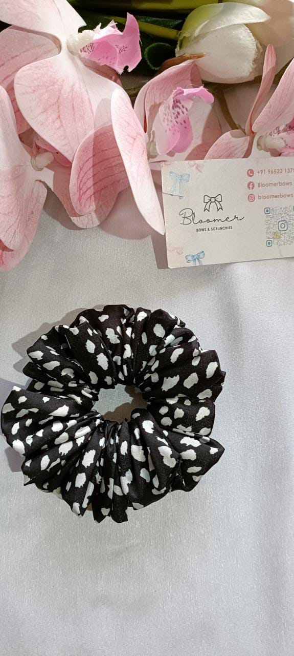 Black and white animal printed satin scrunchy