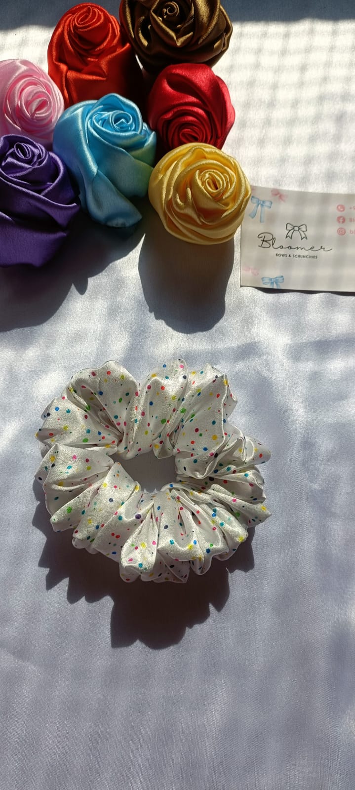 White Multi colour dots scrunchy