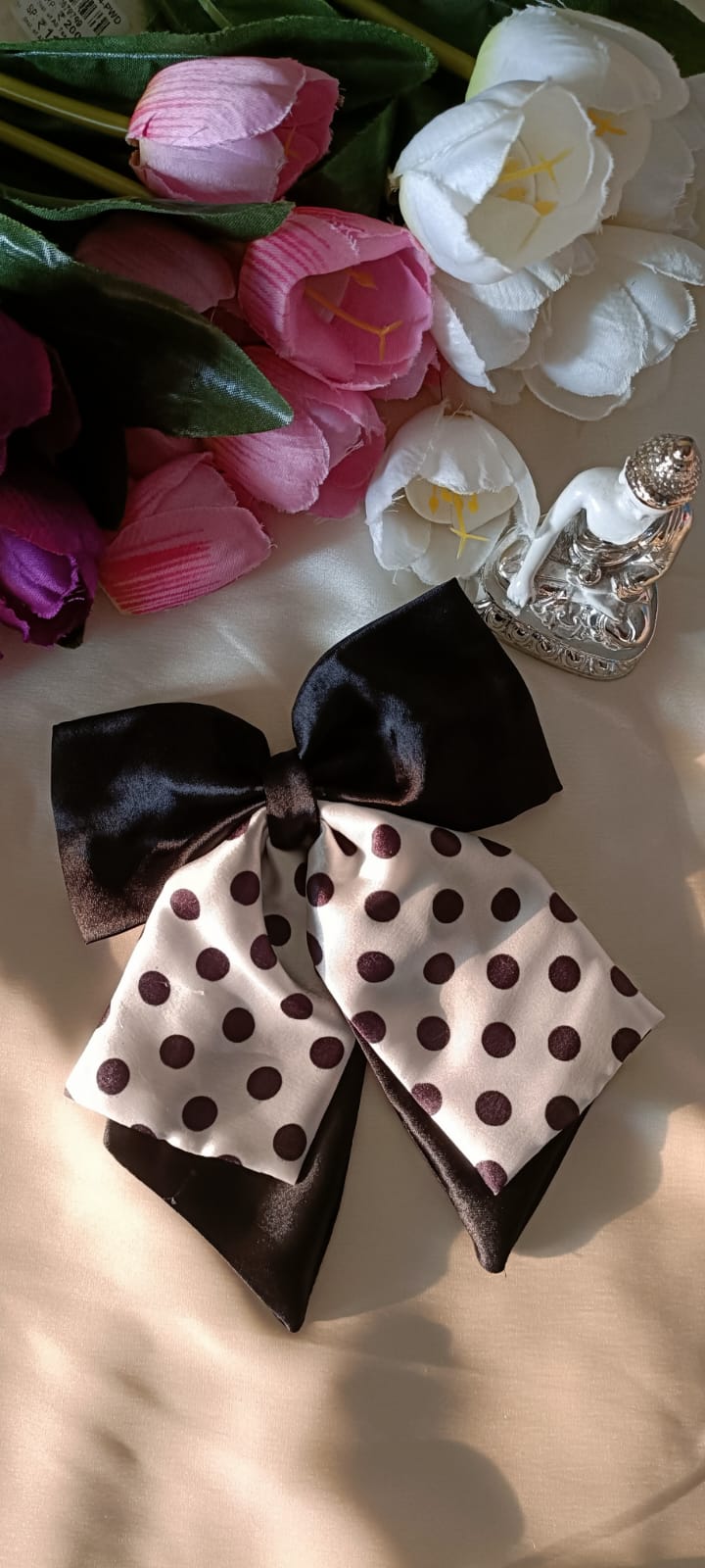 Black polka double layer pig tail bow