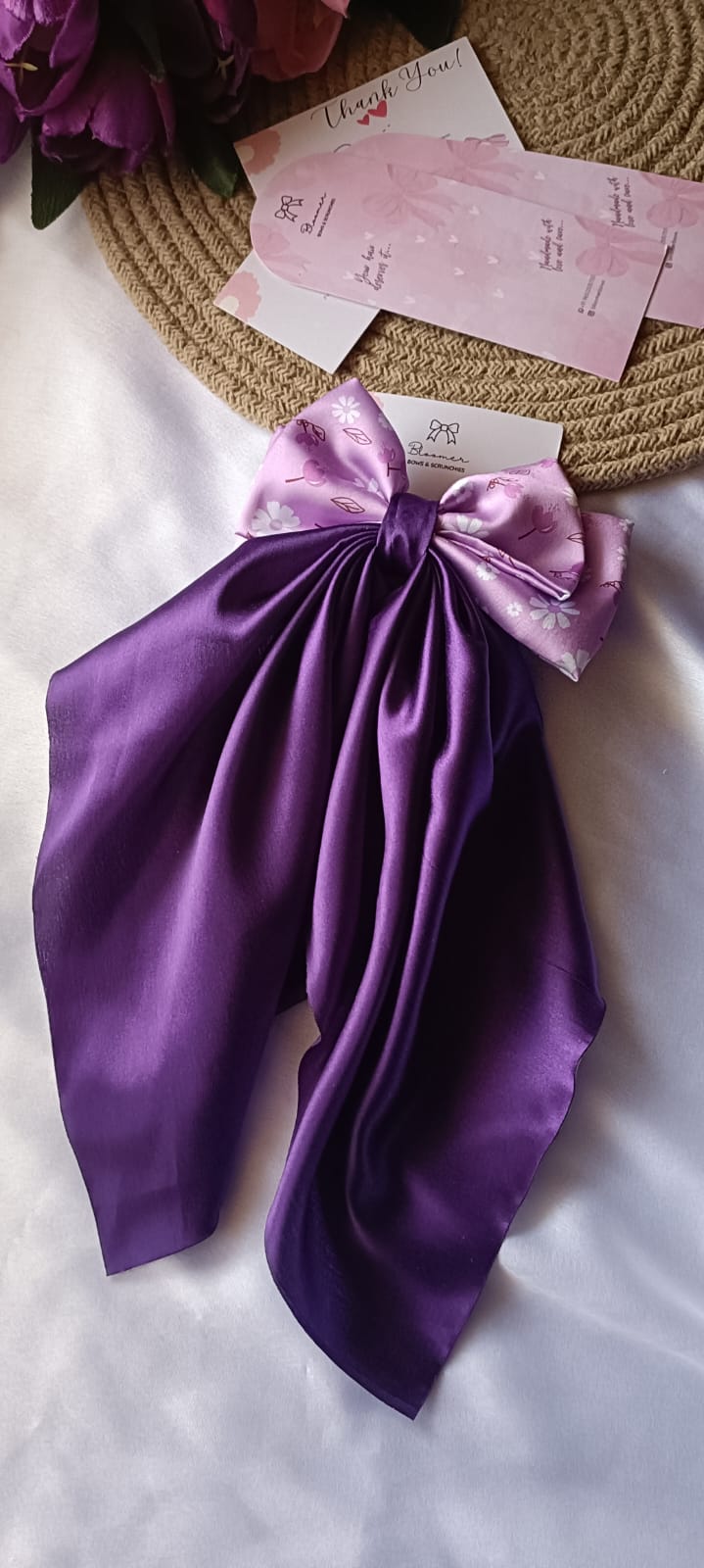 Purple printed long tail bow