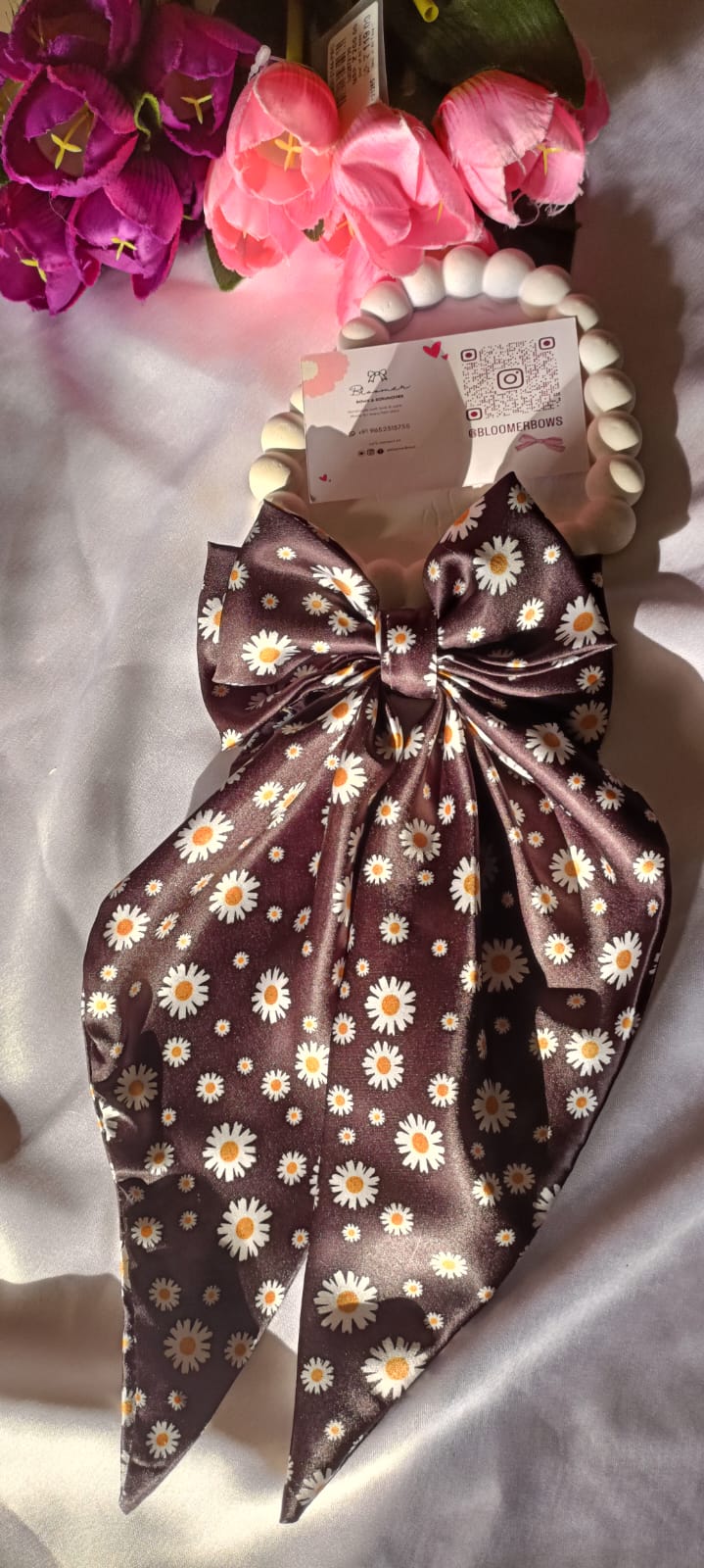 Black daisy printed satin long tail bow