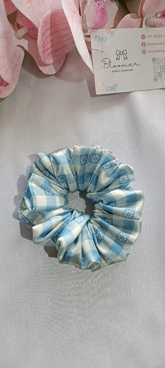 Baby blue checks printed scrunchy