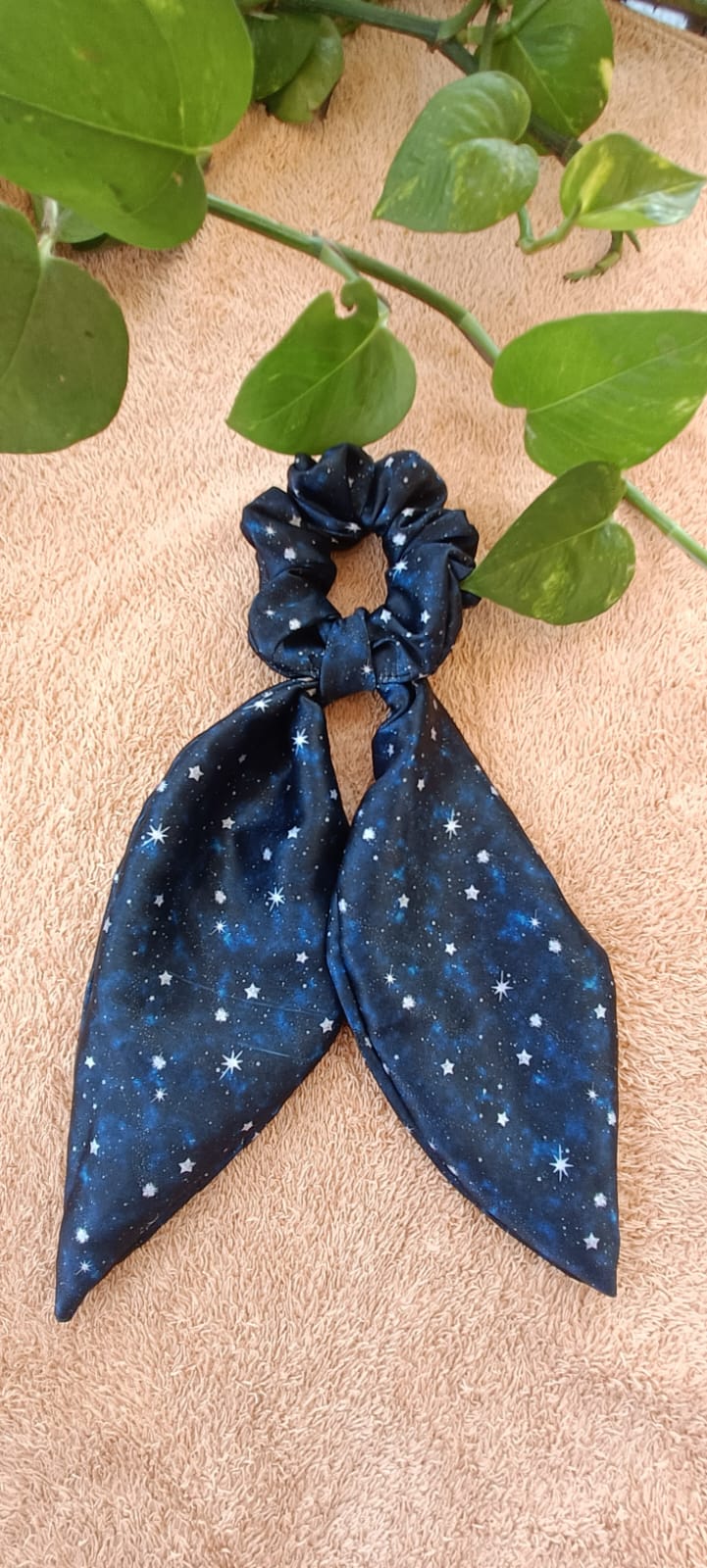 Night theme satin long tail scrunchy