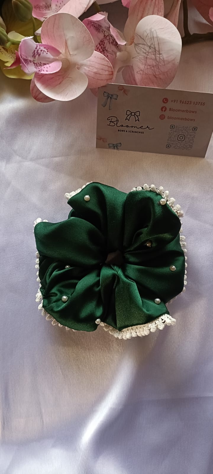 Green satin lace scrunchy