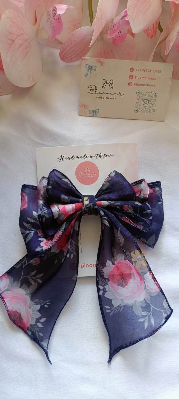 Dark blue floral print 3 layer bow