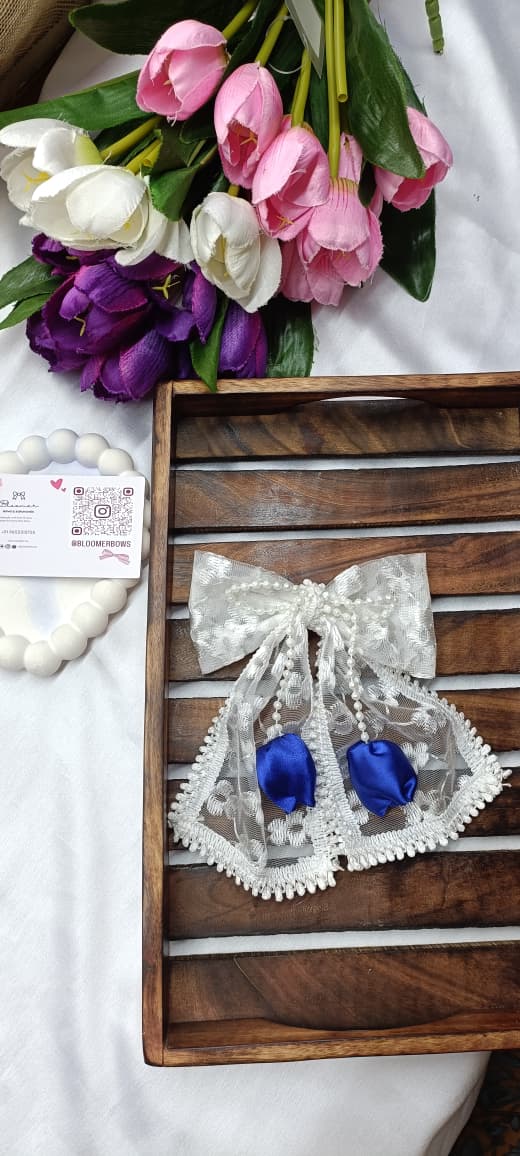 white lace blue tulip bow