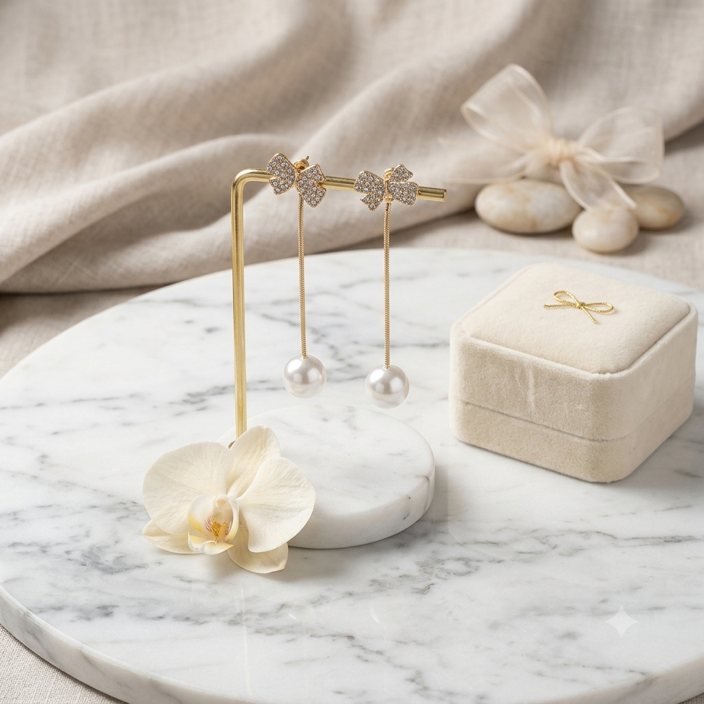 Bow ear rings with pearl chain