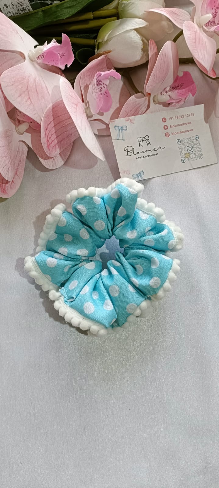 Polka dots sky blue lace scrunchy