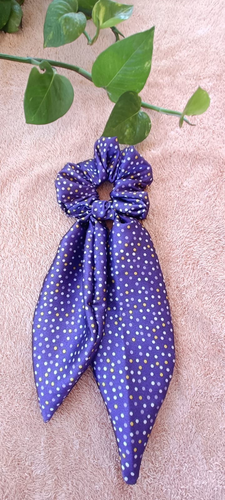Purple dots printed long tail scrunchy
