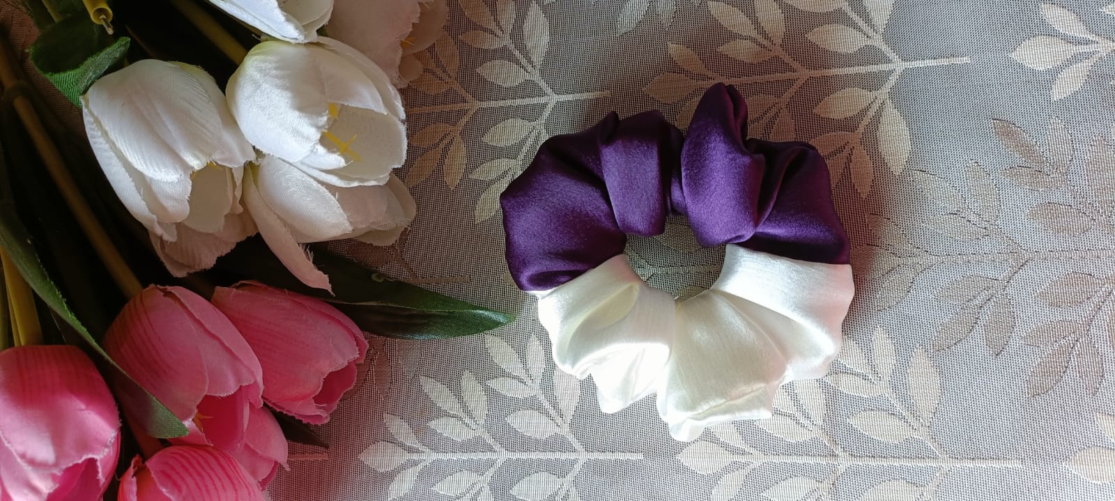 White and purple dual shade scrunchie