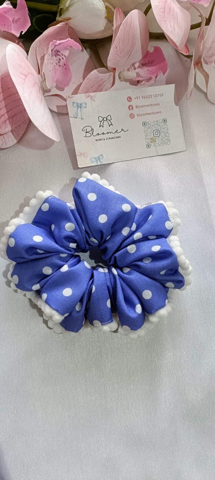 Polka dots blue lace scrunchy
