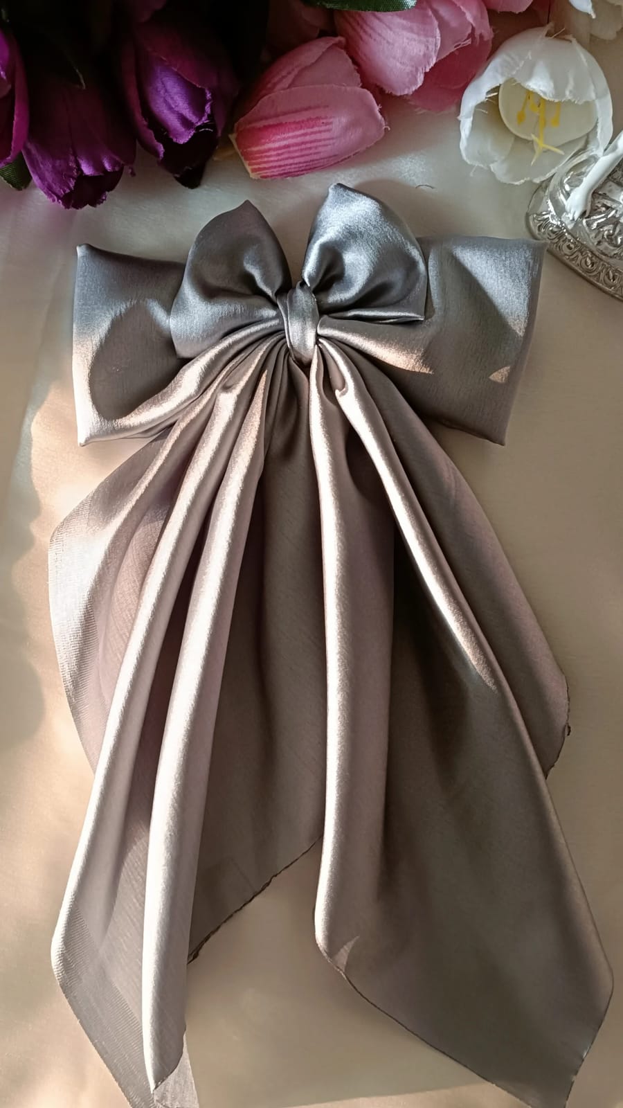 Grey long scarf satin bow