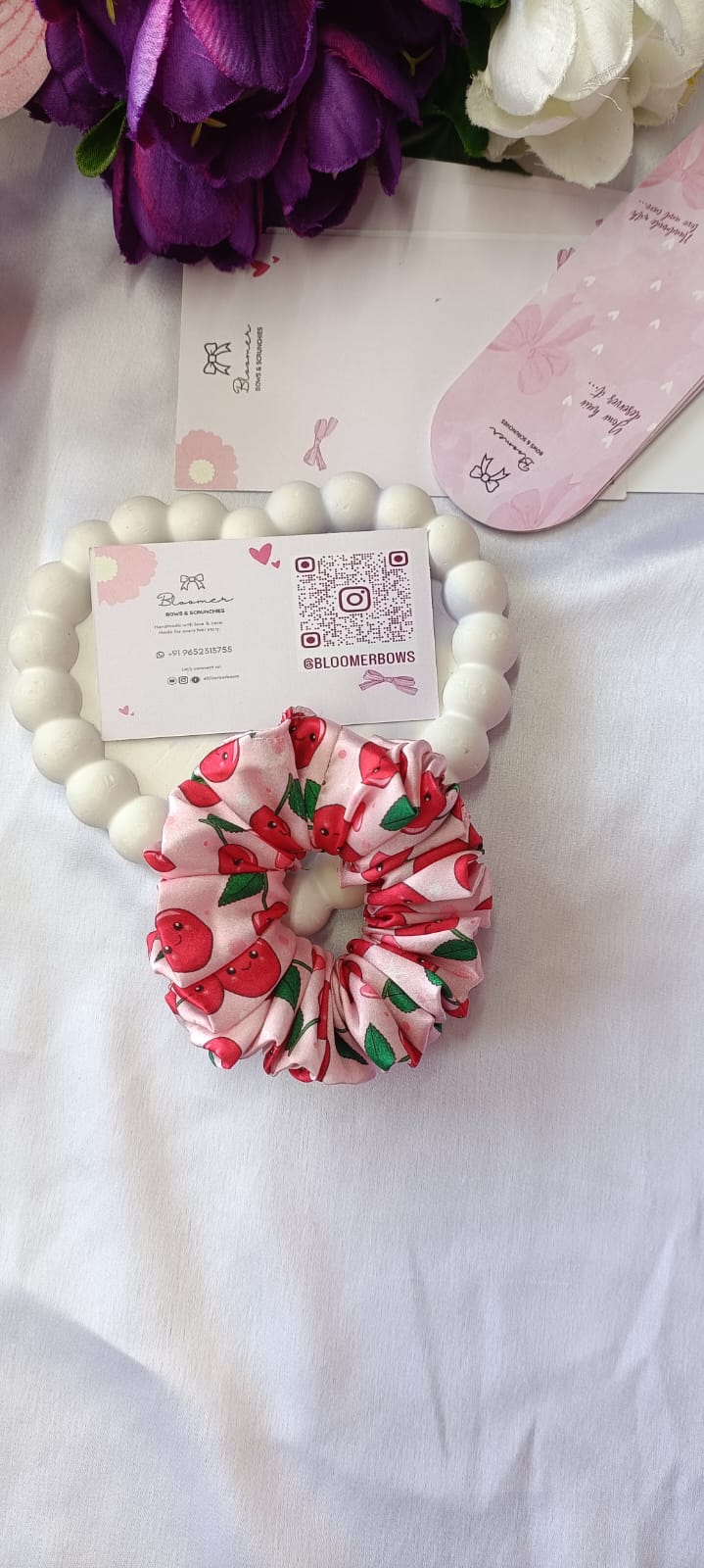 Red cherry printed satin scrunchie