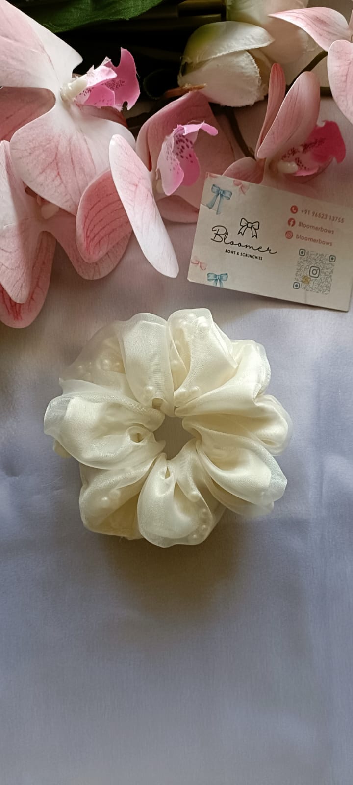 Pearl white organza scrunchy