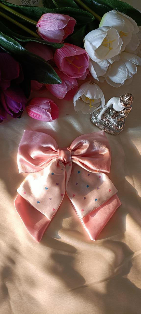 Peach double layer pig tail bow